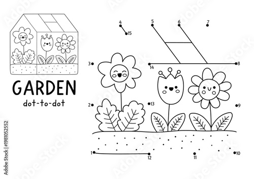 Vector garden dot-to-dot and color activity with smiling flowers growing in the greenhouse. Black and white spring connect the dots game. Line printable worksheet with cute plants