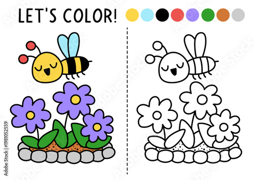 Garden coloring page for children with cute bee and flower bed. Vector spring outline illustration. Color book for kids with colored example. Drawing skills printable worksheet