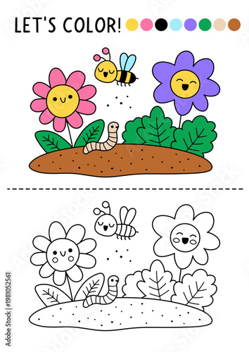 Garden coloring page for children with cute blooming flowers. Vector spring outline illustration. Color book for kids with colored example. Drawing skills printable worksheet with kawaii plant, bee