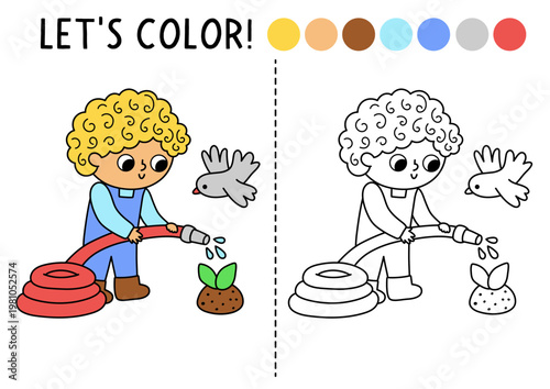 Garden coloring page for children with cute boy watering plant with hose. Vector spring outline illustration. Color book for kids with colored example. Drawing skills printable worksheet