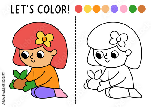 Garden coloring page for children with cute girl planting seedling. Vector spring outline illustration. Color book for kids with colored example. Drawing skills printable worksheet