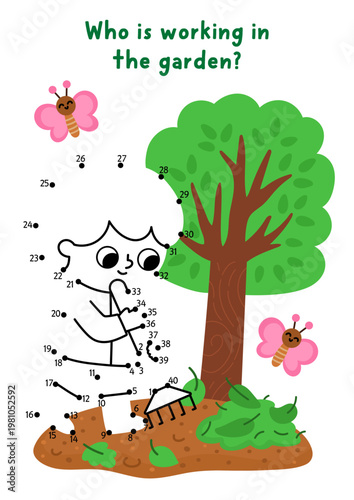 Vector garden dot-to-dot and color activity with cute boy raking leaves. Black and white spring connect the dots game with kid gardener doing gardening work, tree, colored background