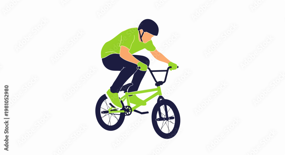 Obraz premium Vector illustration of a cyclist wearing a green shirt and helmet riding a bike with gloves