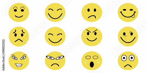 A collection of yellow emoji faces displaying various emotions