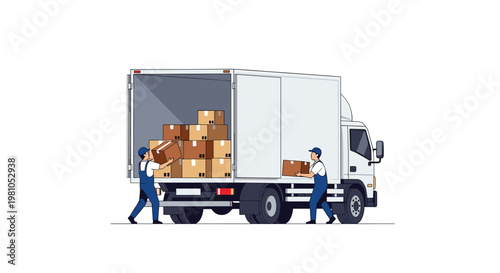 Two professional movers wearing blue overalls and caps are diligently loading various brown cardboard boxes into the spacious rear of a white delivery truck.