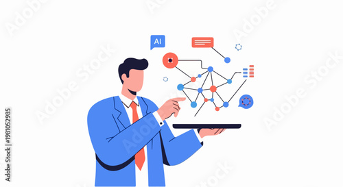 Vector illustration of a business professional presenting AI network data on a tablet screen