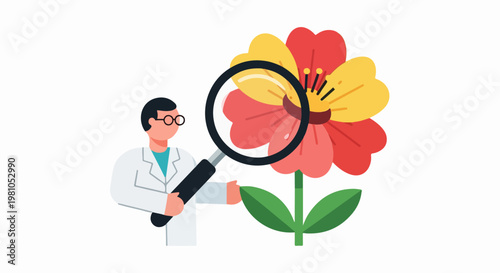 Male scientist examining a giant colorful flower with a large magnifying glass illustration
