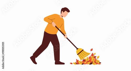 Man sweeping autumn leaves with a broom flat vector illustration isolated on white background