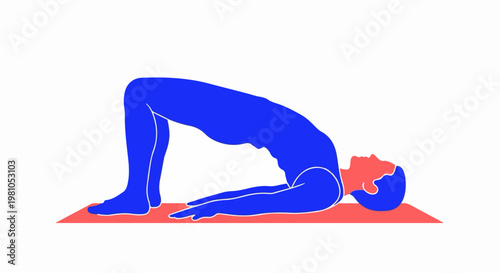 Blue silhouette of a person doing the yoga bridge pose on a red mat for fitness and health