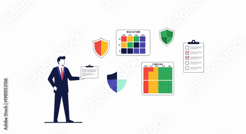 Businessman evaluating risk factors and compliance using matrix charts and security shields.