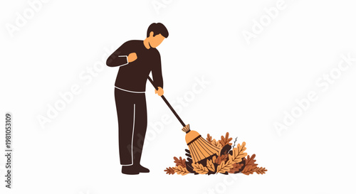 Young male sweeping fallen autumn leaves into a pile using a broom flat vector illustration