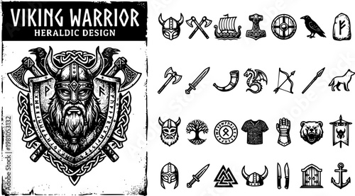 Viking Warrior Heraldic Logo Grunge Print Retro Photocopy Stipple Effect Viking Weapon Design Elements Norse Mythology Vector Illustration