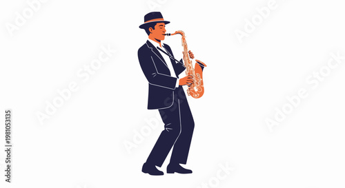 Vector illustration of a jazz musician playing the saxophone in a dark suit and fedora hat
