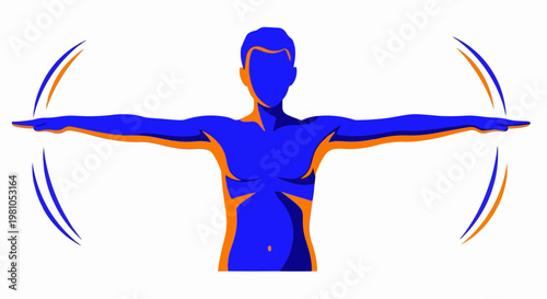 Stylized male figure performing lateral arm raises and stretching exercises for physical health