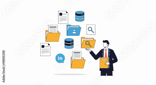 Businessman organizing digital files folders databases and searching online network profiles