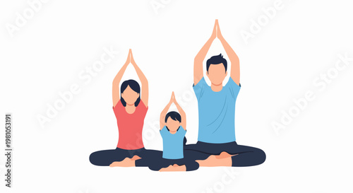 Happy family doing yoga together sitting in lotus pose with hands raised in flat vector style
