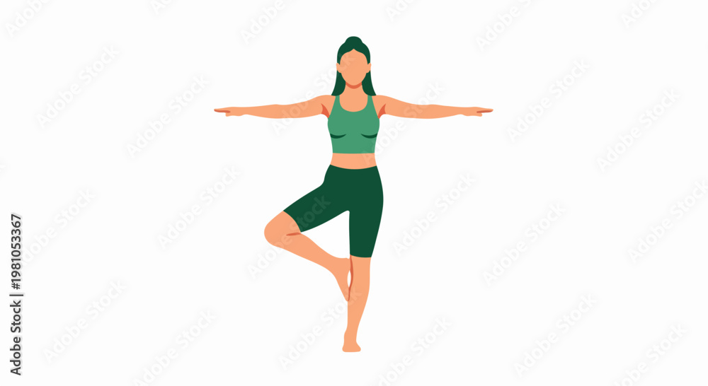 Fototapeta premium A female character doing yoga balancing pose with arms extended in flat vector illustration