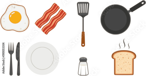 Flat design breakfast icon set showing fried egg bacon skillet spatula plate fork and knife salt shaker and steam toast
