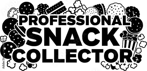 Black and white bold typography professional snack collector text with cookie and popcorn icons surrounding letters vector art design

