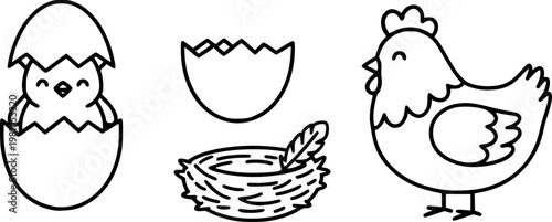 Cute kawaii flat vector set showing cracked eggshell, smiling chick in shell, empty shell, nest, feather, and hen for easter
