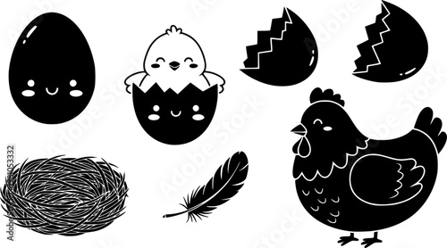 Cute kawaii flat vector set showing cracked eggshell, smiling chick in shell, empty shell, nest, feather, and hen for easter
