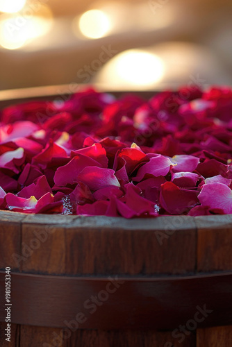 A wooden barrel overflowing with pink flowers. vertical frame