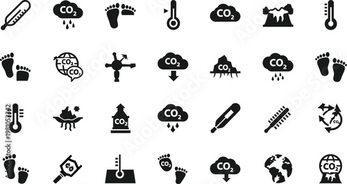 Thermometers and carbon dioxide cloud icons represent the global climate change crisis with various environmental data symbols in a flat black graphic set.