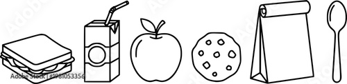 Simple black line icons of sandwich juice box apple cookie lunch bag and spoon isolated on white background
