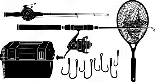 Line art close up fishing gear set with spinning rod reel hooks net and tackle box in black silhouette flat vector
