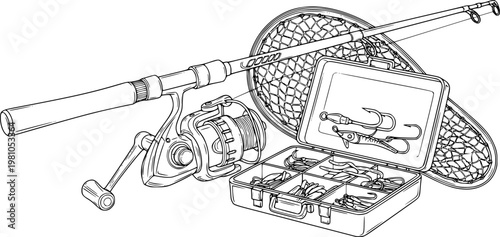 Line art close up fishing gear set with spinning rod reel hooks net and tackle box in black silhouette flat vector

