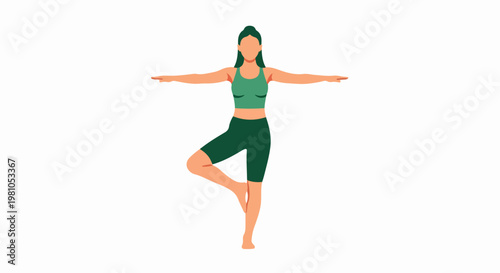 A female character doing yoga balancing pose with arms extended in flat vector illustration
