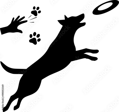Minimalist vector dog catching frisbee midair jumping side view with throwing hand paw icons playful bold silhouette flat black white
