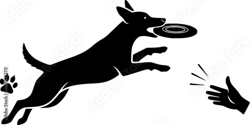 Minimalist vector dog catching frisbee midair jumping side view with throwing hand paw icons playful bold silhouette flat black white
