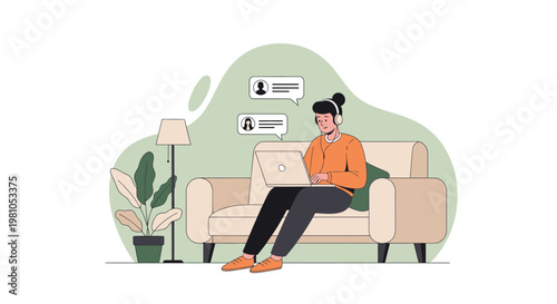 Young person with headphones working on laptop on sofa, online communication concept
