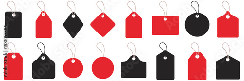 Price Tags Vector Set with Black and Red Hanging Label Shapes on White Background, Retail Sale Badges, Discount Stickers, Shopping Tag Icons