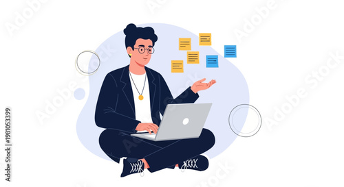 Young person with laptop and sticky notes, planning and brainstorming ideas