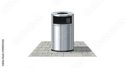 A shiny cylindrical chrome waste bin is positioned on a textured grey stone paved surface under bright clear lighting against a white empty background.