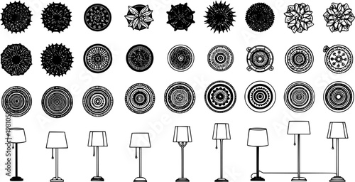 Top view indoor potted plants, round rugs, and lamps. Vector symbols set for architectural floor plans.
