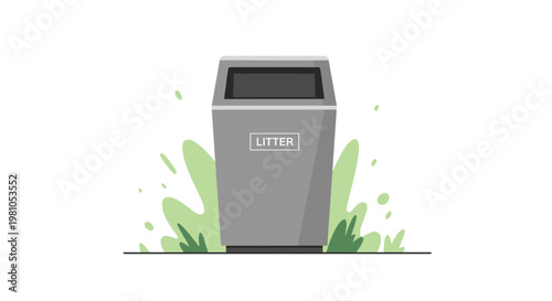 A sleek grey rectangular public litter bin stands prominently surrounded by vibrant green stylized bushes against a subtle grey urban city skyline background.