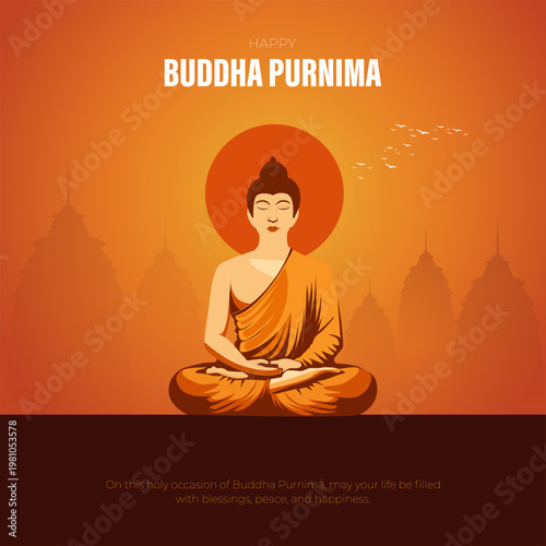 Happy Buddha Purnima Illustration with Meditating Buddha and Warm Sunset Spiritual Theme, vector illustration.