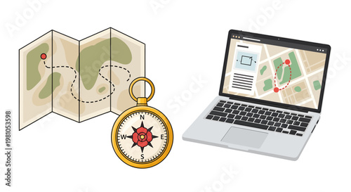 Comprehensive journey planning integrating traditional methods like a paper map and compass with modern digital navigation on a laptop for efficient route discovery and exploration