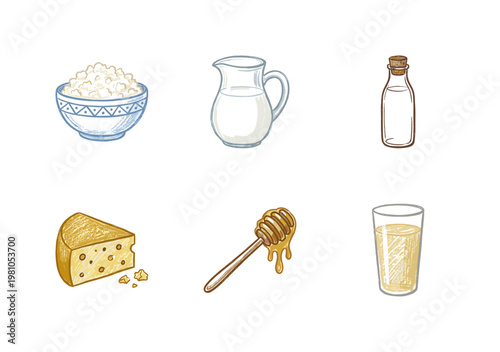 Dairy Products and Breakfast Milk Elements with Loose Crayon Pencil Texture in Crayon Colorful Style