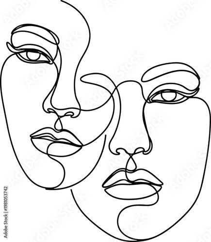 Continuous Line Art Abstract Female Faces – Symmetrical Double Portrait, Minimal One Line Drawing Vector Illustration