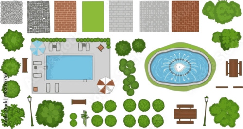 Vector Top View Landscape Elements Set Featuring Paving, Swimming Pool, and Circular Fountain for Site Plans
