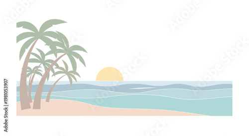 Tropical beach at sunset with palm trees and calm ocean waves, a serene coastal landscape illustration