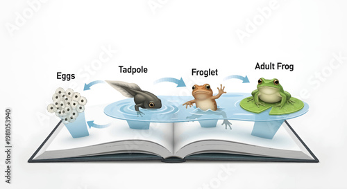 The fascinating life cycle of a frog, from egg to adult, depicted in an educational pop-up book illustration
