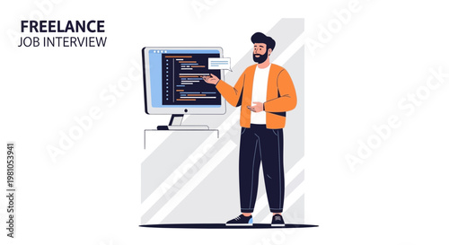 Freelance Job Interview: Programmer Explains Code on Computer Screen