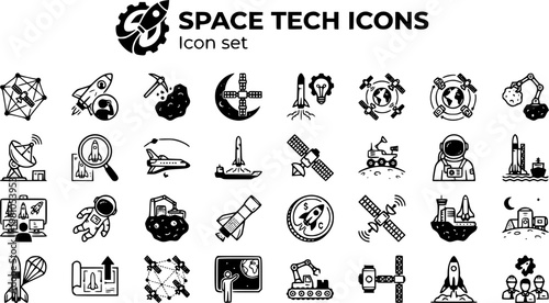 Modern Space Tech Icon Set Satellite Megaconstellation Space Tourism Asteroid Mining Lunar Gateway Reusable Launch Aerospace Startup Vector Illustration