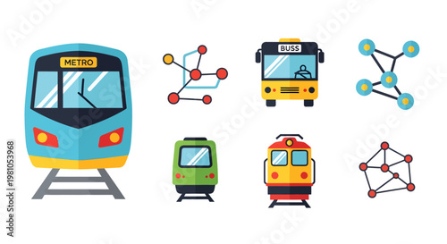Modern urban transportation network with metro, bus, and train icons, illustrating connectivity and mobility in cities