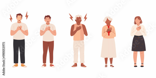 Diverse people experiencing sudden shock or surprise hands over hearts